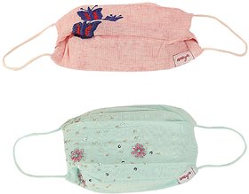 Aneya Butterfly and Signature Mask with Blue Beads Flowers Embroidered Face Mask, Reusable and Washable (Set of 2 Masks)