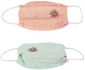 Aneya Bugle Beads Embroidered Pink and Blue 3 Layered Cotton Printed Face Mask, Reusable and Washable (Set of 2 Masks)