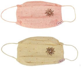 Aneya Bugle Beads Embroidered Pink and Yellow 3 Layered Cotton Printed Face Mask, Reusable and Washable (Set of 2 Masks)