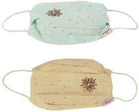 Aneya Bugle Beads Embroidered Blue and Yellow 3 Layered Cotton Printed Face Mask, Reusable and Washable (Set of 2 Masks)