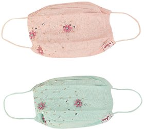Aneya Signature Mask with Beads Flowers Pink and Blue 3 Layered Cotton Face Mask, Reusable and Washable (Set of 2 Masks)