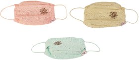 Aneya Bugle Beads Embroidered Pink, Yellow and Blue 3 Layered Cotton Face Mask, Reusable and Washable (Set of 3 Masks)