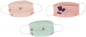 Aneya Signature Mask with Beads Flowers Pink, Blue and Butterfly 3 Layered Face Mask, Reusable and Washable (Set of 3 Ma