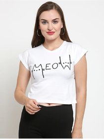 Vivient Women White Meow Printed Crop Top