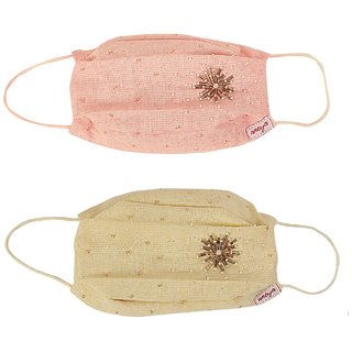 Aneya Bugle Beads Embroidered Pink and Yellow 3 Layered Cotton Printed Face Mask, Reusable and Washable (Set of 2 Masks)