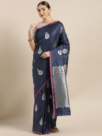 Vastranand Navy Blue & Silver-Toned Silk Blend Woven Design Banarasi Saree
