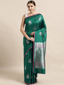 Vastranand Teal Green & Silver-Toned Silk Blend Woven Design Banarasi Saree