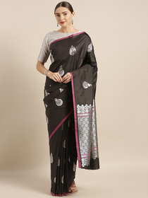 Vastranand Black & Silver-Toned Silk Blend Woven Design Banarasi Saree