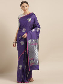 Vastranand Purple & Silver-Toned Silk Blend Woven Design Banarasi Saree