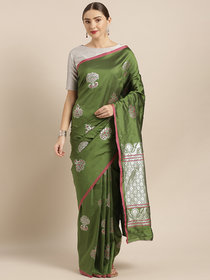 Vastranand Olive Green Silk Blend Woven Design Banarasi Saree