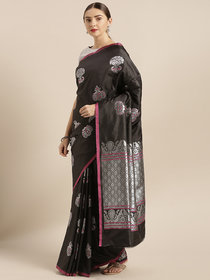 Vastranand Black & Silver-Toned Silk Blend Woven Design Banarasi Saree