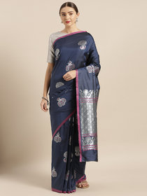 Vastranand Navy Blue & Silver-Toned Silk Blend Woven Design Banarasi Saree