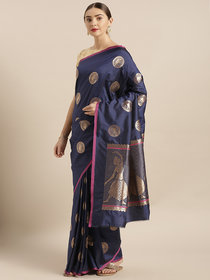 Vastranand Navy Blue & Gold-Toned Silk Blend Woven Design Banarasi Saree