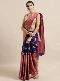 Vastranand Navy Blue & Pink Silk Blend Woven Design Kanjeevaram Saree