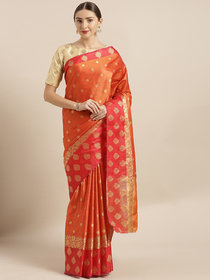 Vastranand Orange & Red Kora Muslin Silk Blend Woven Design Kanjeevaram Saree