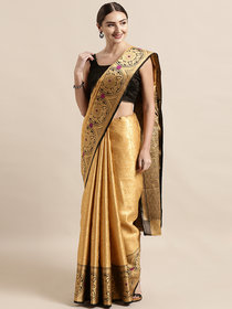 Vastranand Gold-Toned & Black Silk Blend Woven Design Kanjeevaram Saree