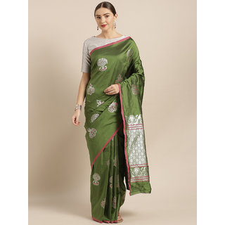 Vastranand Olive Green Silk Blend Woven Design Banarasi Saree