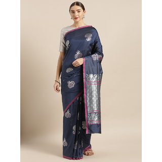 Vastranand Navy Blue & Silver-Toned Silk Blend Woven Design Banarasi Saree