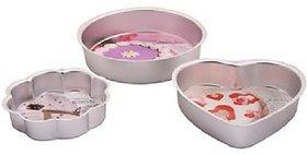 ALUMINIUM ROUND,FLOWER AND HEART SHAPE SMALL CAKE MOULDS - SET OF 3