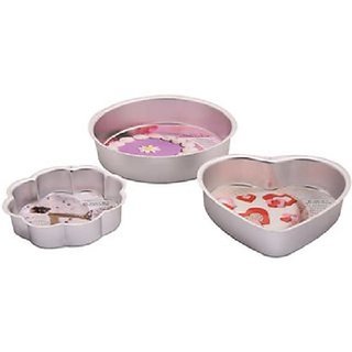 ALUMINIUM ROUND,FLOWER AND HEART SHAPE SMALL CAKE MOULDS - SET OF 3