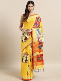 Meia Yellow & Red Linen Blend kalamkari Printed Saree