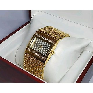 Hrv Gold Metal Rectangular Womens Watch