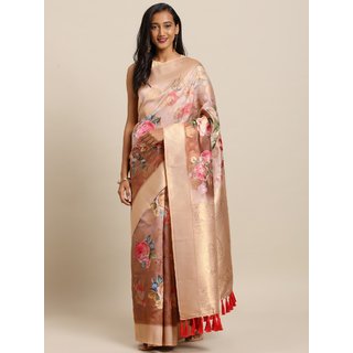 Meia Brown & Pink Silk Blend Printed Banarasi Saree