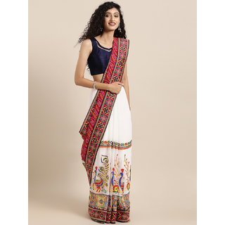 Meia White & Pink Pure Georgette Embroidered Bandhani Saree