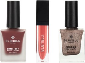 Elenblu Nailpaint Sangria Lime Light, Copper Sparkle Sugar Sprinkle And Winter Rose Lipstick, Set of 3 Combo