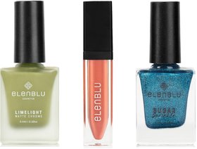 Elenblu Nailpaint Minty Mist Lime Light, Blue Bubbles Sugar Sprinkle And Pink Macaron Lipstick, Set of 3 Combo