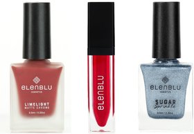 Elenblu Nailpaint Hot Magenta Lime Light, Ice Princess Sugar Sprinkle And Red-dy To Party Lipstick, Set of 3 Combo
