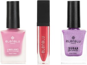 Elenblu Nailpaint Bubblegum Lime Light, Icy Lavender Sugar Sprinkle And Rose Tango Lipstick, Set of 3 Combo