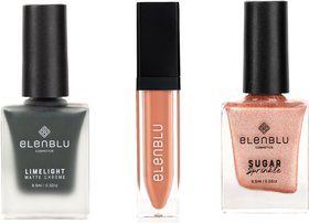 Elenblu Nailpaint Night Forest Lime Light, Peach-Y Please Sugar Sprinkle And Tiramisu Lipstick, Set of 3 Combo
