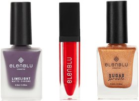 Elenblu Nailpaint Purple Vixen Lime Light, Orange You Glad Sugar Sprinkle And Girls Night Out Lipstick, Set of 3 Combo