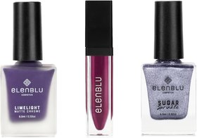 Elenblu Nailpaint Purple Paradise Lime Light, Silver Snowstorm Sugar Sprinkle And Purple Climax Lipstick, Set of 3 Combo
