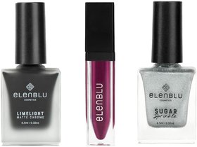 Elenblu Nailpaint Black Spice Lime Light, Snow White Sugar Sprinkle And Purple Climax Lipstick, Set of 3 Combo