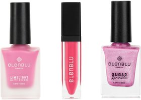 Elenblu Nailpaint Cotton Candy Lime Light, Ballerina Pink Sugar Sprinkle And Times Square Lipstick, Set of 3 Combo