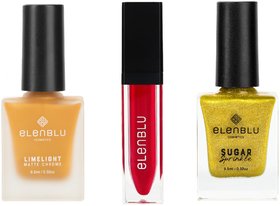 Elenblu Nailpaint Sunrise Lime Light, Yellow Mellow Sugar Sprinkle And Red-dy to Party Lipstick, Set of 3 Combo