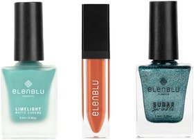 Elenblu Nailpaint Arctic Vacay Lime Light, Secret Garden Sugar Sprinkle And Pumpkin Latte Lipstick, Set of 3 Combo