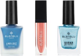 Elenblu Nailpaint Blue Gummy Bear Lime Light, Cool Blue Magic Sugar Sprinkle And Cherry Blossom Lipstick, Set of 3 Combo