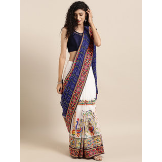 Meia White & Blue Pure Georgette Embroidered Bandhani Saree