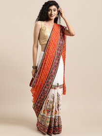 Meia White & Orange Pure Georgette Embroidered Bandhani Saree