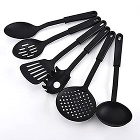 Right traders 6pcs Spatula, Turner, Ladle, Spaghetti Server, Slotted  Solid Spoon Black Kitchen Tool Set (Black)