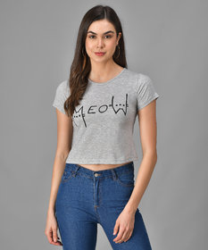 Vivient Women Grey Meow Printed Crop Top