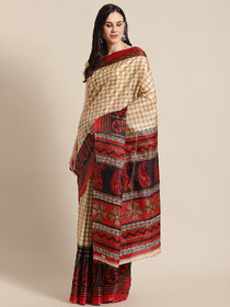 Meia Red Colour Taffeta Printed Saree With Blouse Piece