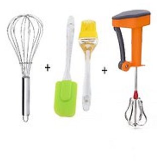 Kitchen Tools Combo Set Pack of 4 - 16 cm Silicon Basting Spatula, Oil Brush , Power Free Hand Blender/Egg Beater and St