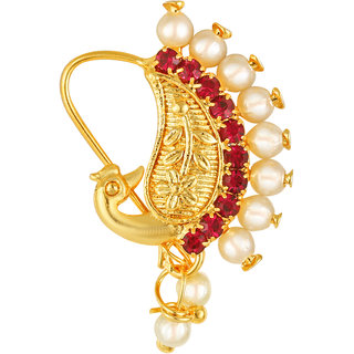 Vighnaharta Gold Plated Red Stone with Peals Alloy Maharashtrian Nath Nathiya./ Nose Pin for women VFJ1006NTH-TAR