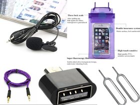 Combo of Collar Mic Waterproof Mobile Pouch Aux Cable OTG And 2 SIM Ejector Pin by Lazywindow