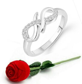 VFJ Stylish (CZ) Rhodium Plated Ring with Scented Velvet Rose Ring Box for women and girls and your Valentine.