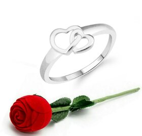 VFJ Cute Double Heart CZ Rhodium Plated Ring with Scented Velvet Rose Ring Box for women and girls and your Valentine.